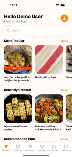 FoodyFoo Recipes tab with a search box and rows of Most Popular and Recently Created recipes